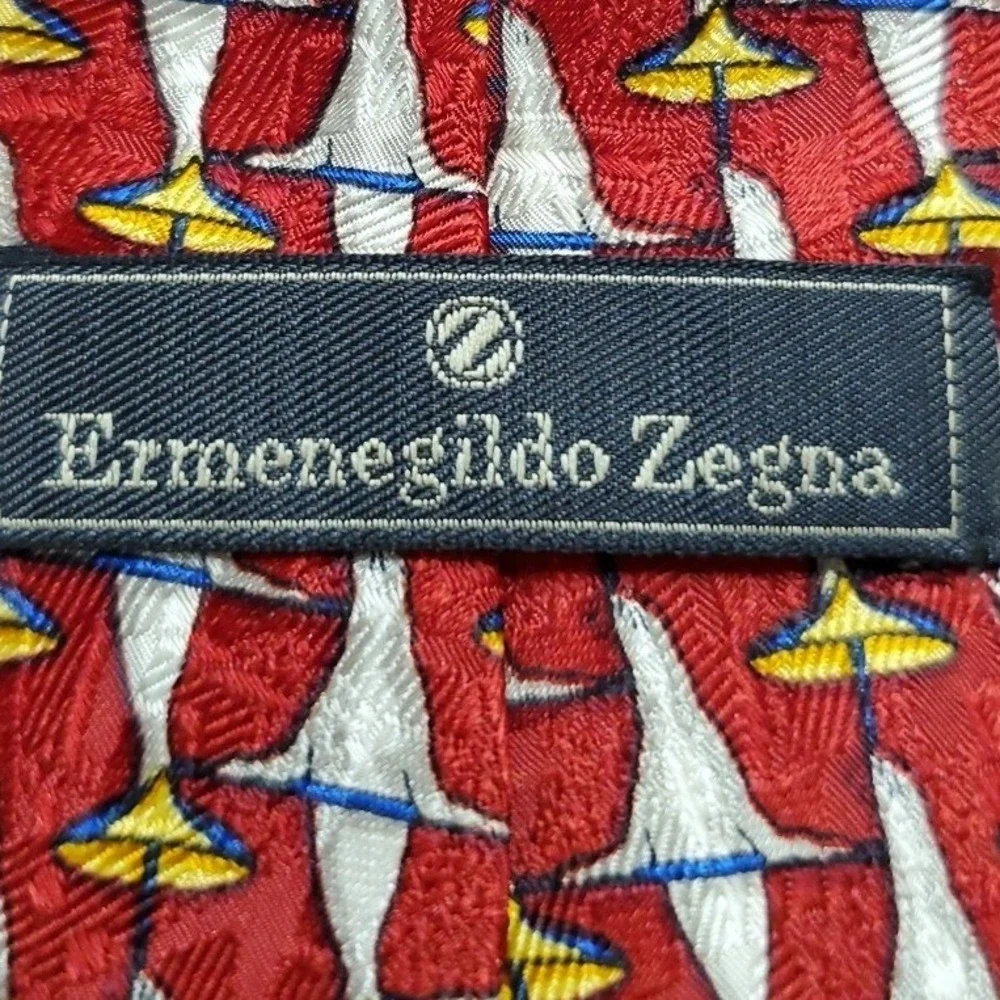Ermenegildo Zegna Silk Necktie Mens Seal Umbrella Novelty Disegno Esclusivo Red